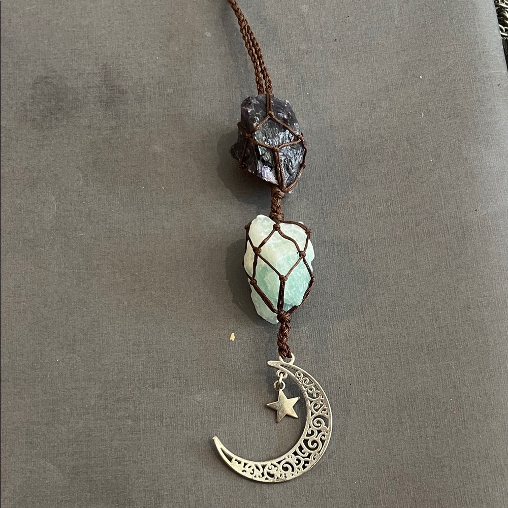 Moon & Star Crystal Pendant hanging car charm in Green and Purple